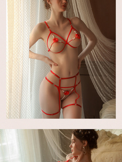 Romantic Rose Embroidered 3-Piece Lingerie Set with Sensory Pearls - T-Back Bra & Thong in 5 Colors - Seldom Seen Styles