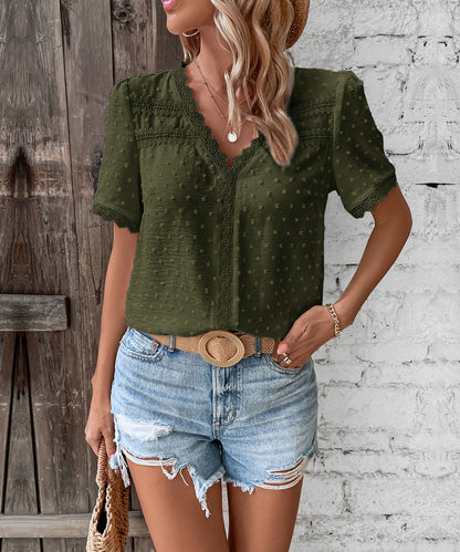 Women's 2025 Summer V Neck Lace Crochet Blouse Swiss Dot Business Casual Cute Shirts Tops
