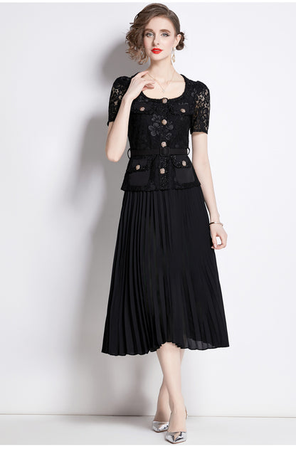 Bella Lace Patchwork Pleated Midi Dress  Patchwork Mid-Length Pleated Dress