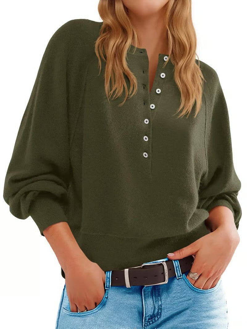 Womens Long Sleeve Knitting Sweater Tops Half Button Sweaters Henley Neckline Casual Lightweight Solid Pullover Knitting Knitting - Seldom Seen Styles