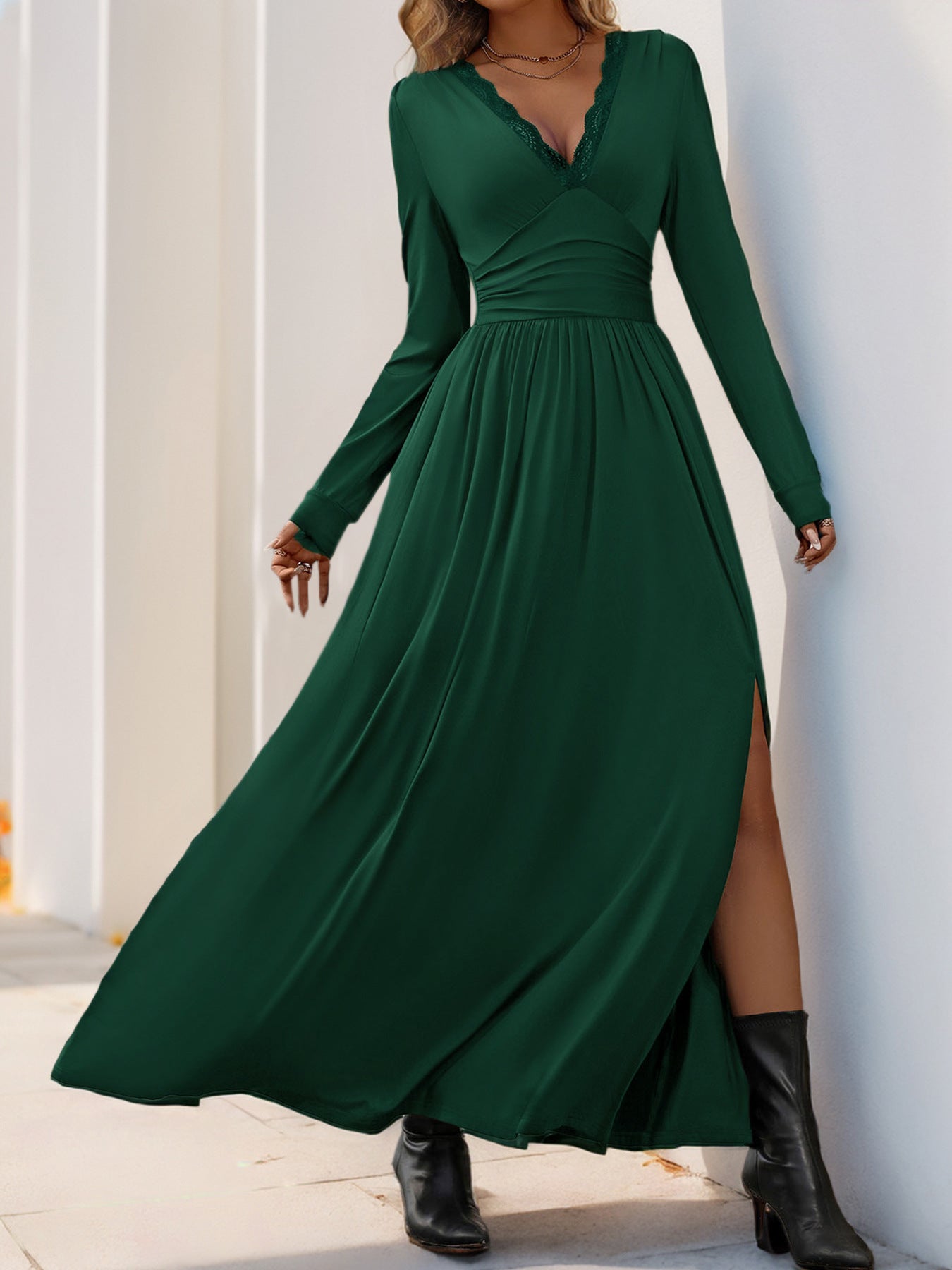 Women Deep V Neck Long Sleeve Slit 2025 Fall Elegant Formal Wedding Guest Cocktail Evening Date Prom Maxi Long Dress
