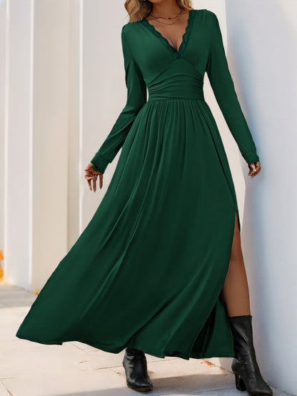 Women Deep V Neck Long Sleeve Slit 2025 Fall Elegant Formal Wedding Guest Cocktail Evening Date Prom Maxi Long Dress