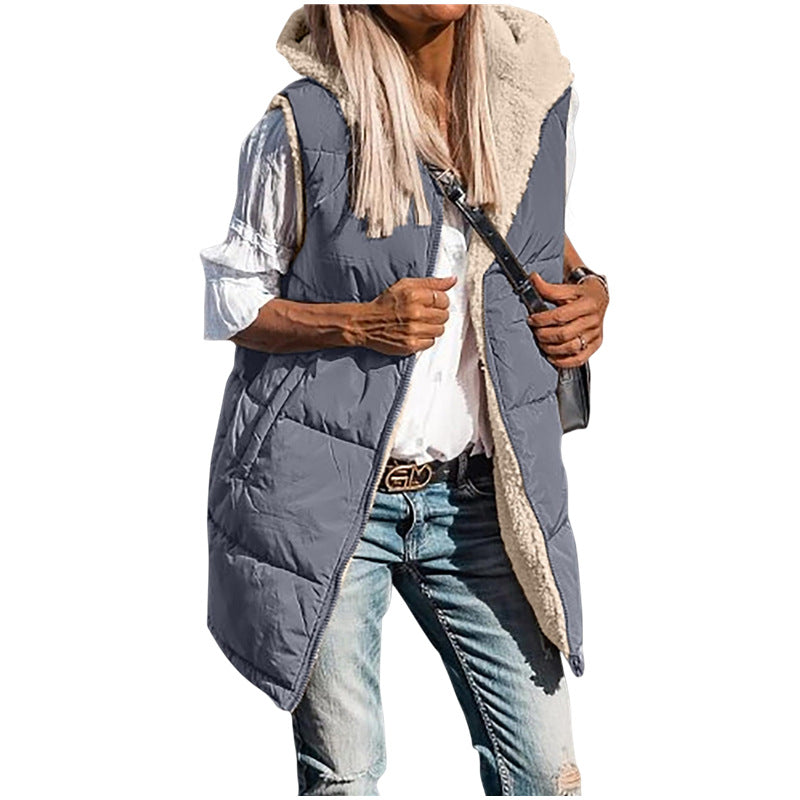 Women's Warm Reversible Vests Sleeveless Fleece Basic Jacket Zip Up Coat Long Outerwear With Pockets And Hoodie Casual Outfit#Hoodieing - Seldom Seen Styles