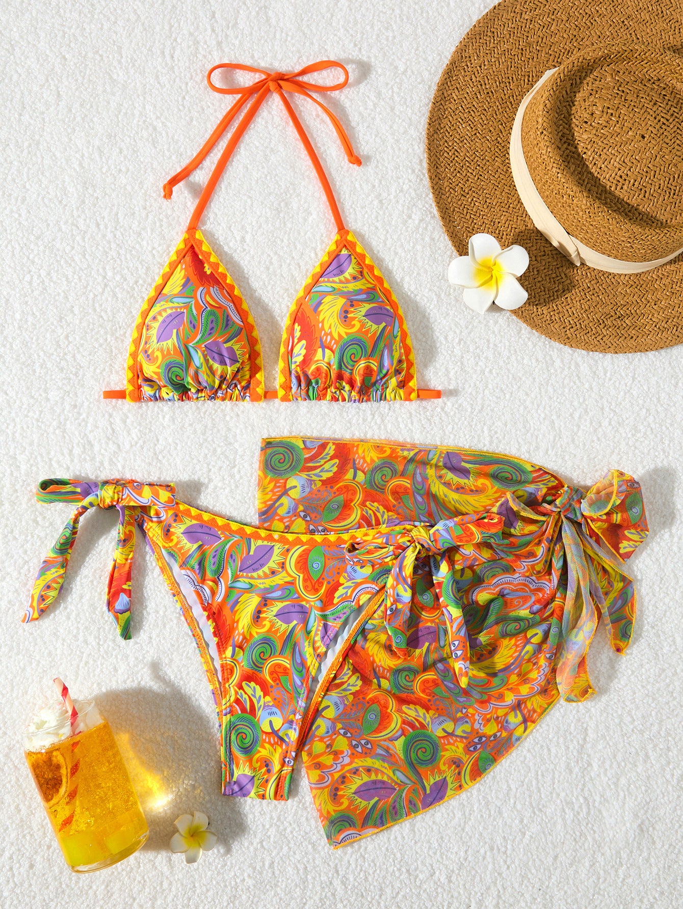 Women's Bikini Sets 2 Piece Halter Triangle Allover Print Swimsuit Set Boho Knot Side Bathing Suit Set