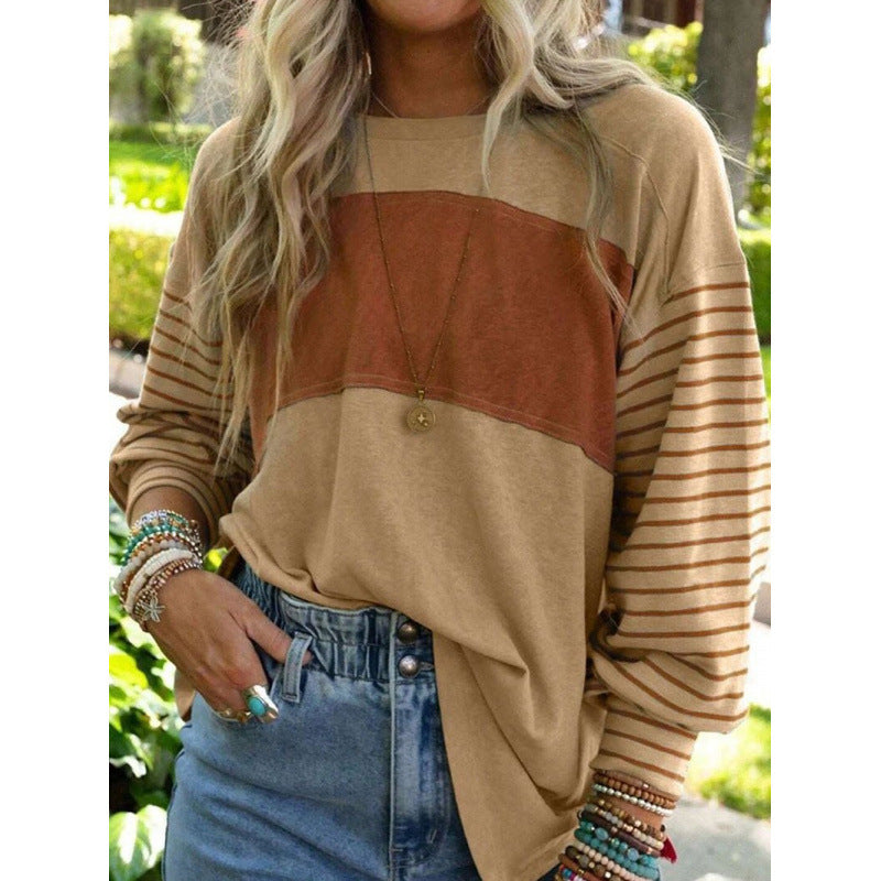 Long Sleeve Fall Tops Oversized 2025 Trendy Round Crew Neck Casual Color Block Womens Shirts Blouses - Seldom Seen Styles