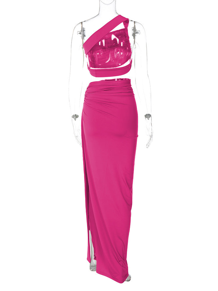 maxi dress with slit one shoulder dress two piece skirt set Sexy red one shoulder dress