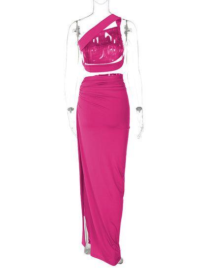 maxi dress with slit one shoulder dress two piece skirt set Sexy red one shoulder dress