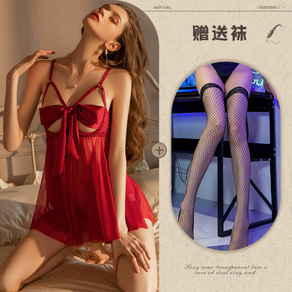 Pure Desire Sexy Lingerie Female Sexy See-through Temptation Open Crotch No-Removal Hot Passion Set Bowknot Small Chest Nightdress