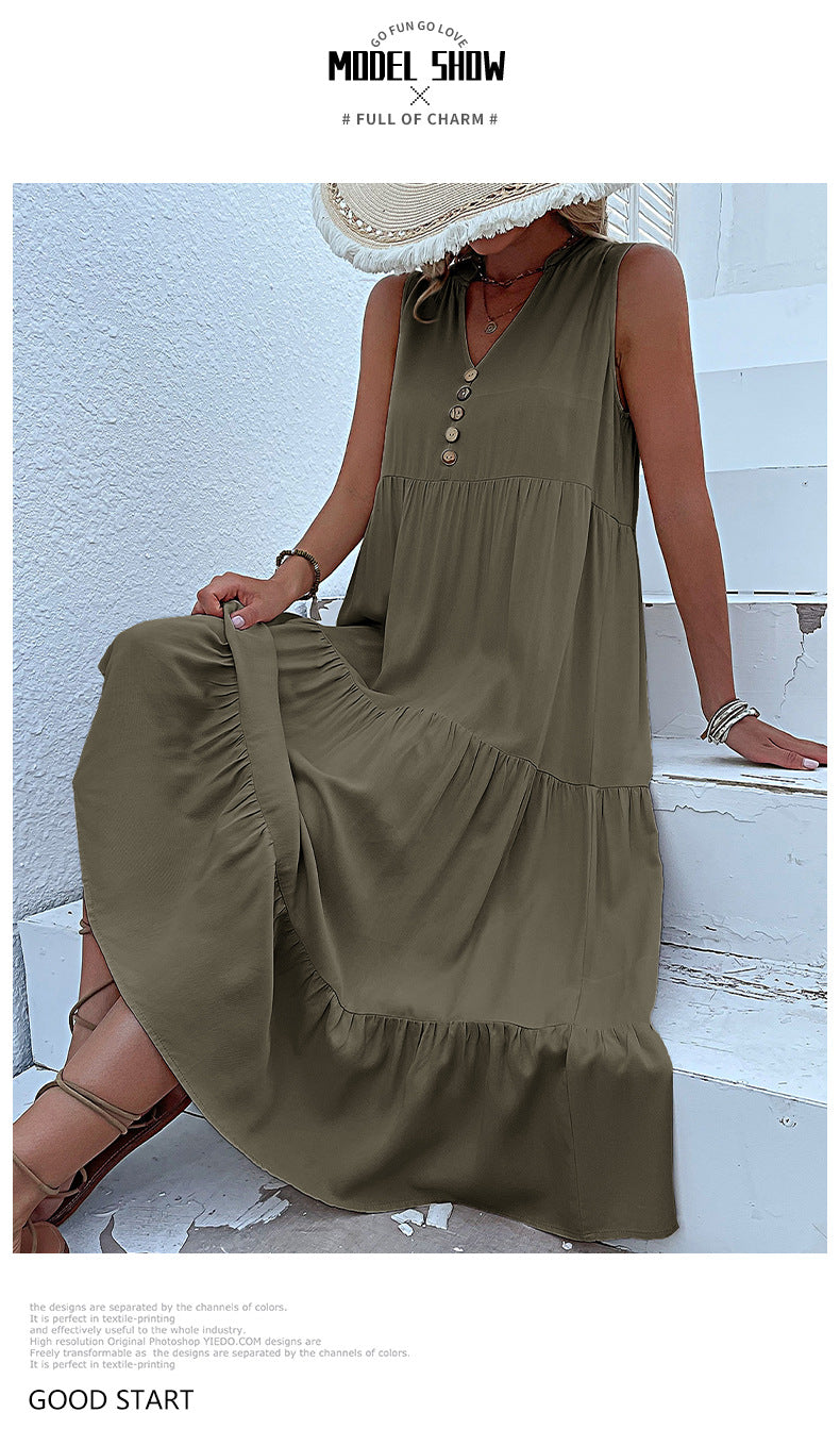 Summer Flowy Maxi Dress with Pockets Sleeveless Loose Casual Sundress V-Neck Tiered Sun Dress for Beach Cruise Vacations
