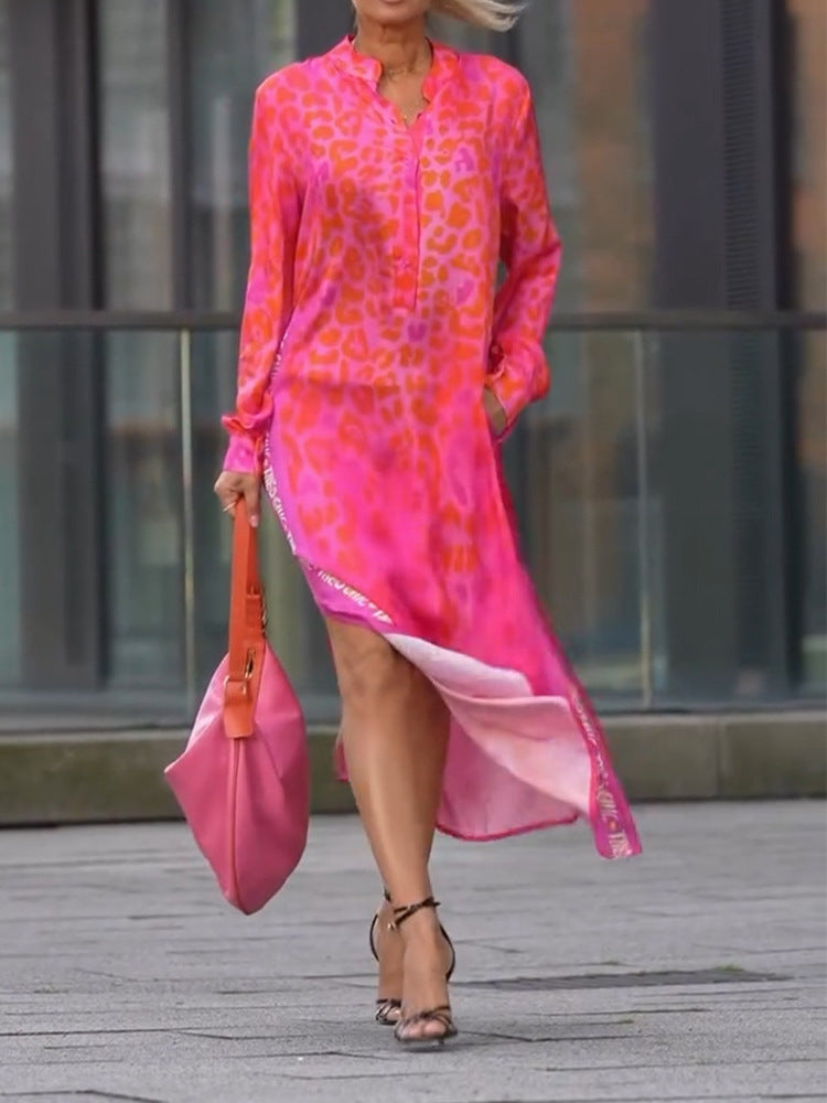 Women's Leopard Print Long Sleeve Split Maxi Dress V Neck Button Flowy Long Dress with Pockets Fashion Streetwears - Seldom Seen Styles