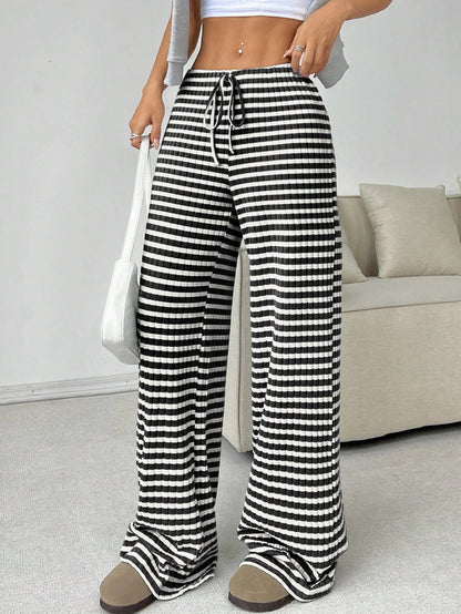 Women's Wide Leg Pants Striped Elastic High Waisted Casual Knit Palazzo Pants Drawstring Lounge Pajama Trousers - Seldom Seen Styles