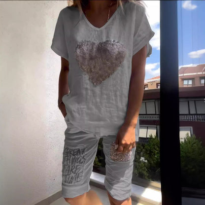 Linen Outfits Women 2 Piece Heart Sequins V-Neck Short Sleeve Top Loose Knee Length Pants 2025 Casual Set - Seldom Seen Styles
