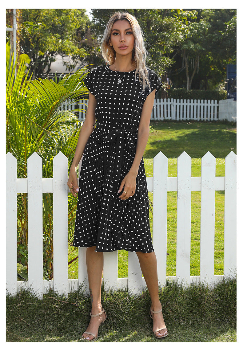 Polka Dot Dress for Women Casual Summer Midi Dress Crew Neck Short Sleeve