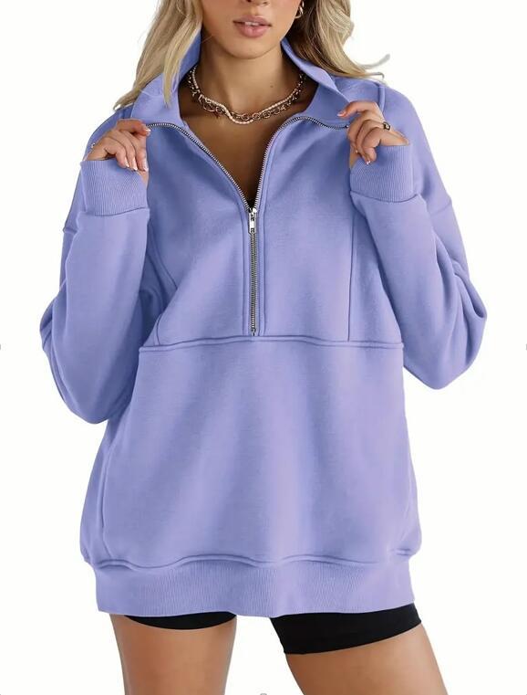 Women's Half Zip Sweatshirts Fleece Stand Collar Long Sleeve Thumb Hole Oversized Pullovers with Pockets - Seldom Seen Styles