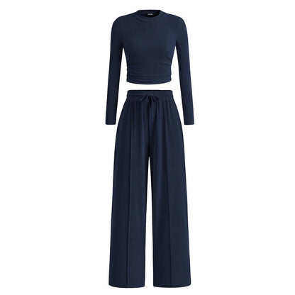 BTFBM 2-Piece Ribbed Knit Long Sleeve Crop Top Wide Leg Pants Matching Lounge Set Loungewear
