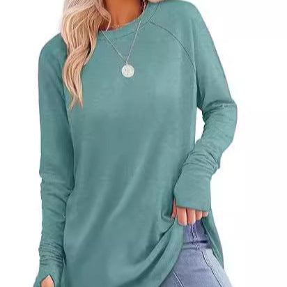 Womens Tunic Tops to Wear with Leggings Long Sleeve Thumb Hole Shirts Crew Neck Curved Hem - Seldom Seen Styles