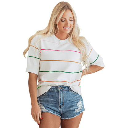 Women's Striped Print Sweater, Casual Short Sleeve Round Neck Jumper for Daily Wear, Ladies Knitwear for Spring & Fall, Lightweight Womenswear - Seldom Seen Styles