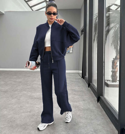 Sporty Two-piece Set Women's Plain Mock Neck Zip Up Jacket & Pocket Drawstring Waist Sweatpants Sports Sweat Suit, Sports Cozy Breathable Outfits Tracksuits for Daily Outdoor Wear, Tracksuit Set, Ladies Sportswear for All Seasons