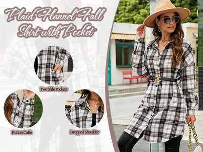 Women's Button Down Flannel Shirts Plaid Shacket Long Sleeve Collared Long Jacket Coats #Springtok - Seldom Seen Styles