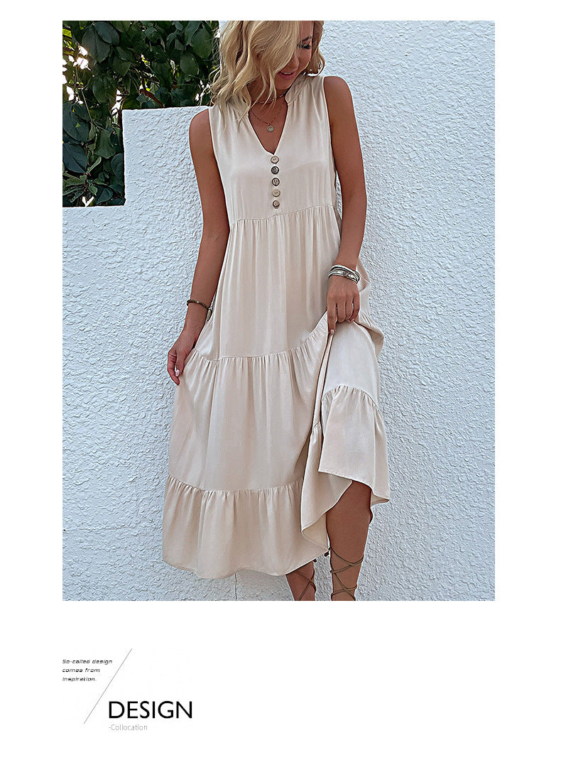 Summer Flowy Maxi Dress with Pockets Sleeveless Loose Casual Sundress V-Neck Tiered Sun Dress for Beach Cruise Vacations