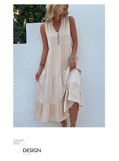 Summer Flowy Maxi Dress with Pockets Sleeveless Loose Casual Sundress V-Neck Tiered Sun Dress for Beach Cruise Vacations