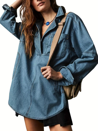 Womenswear Denim Pullover Casual Comfort Button V Neck Blouse Loose Fit Tops Longsleeves Jean Jacket With Pocket - Seldom Seen Styles