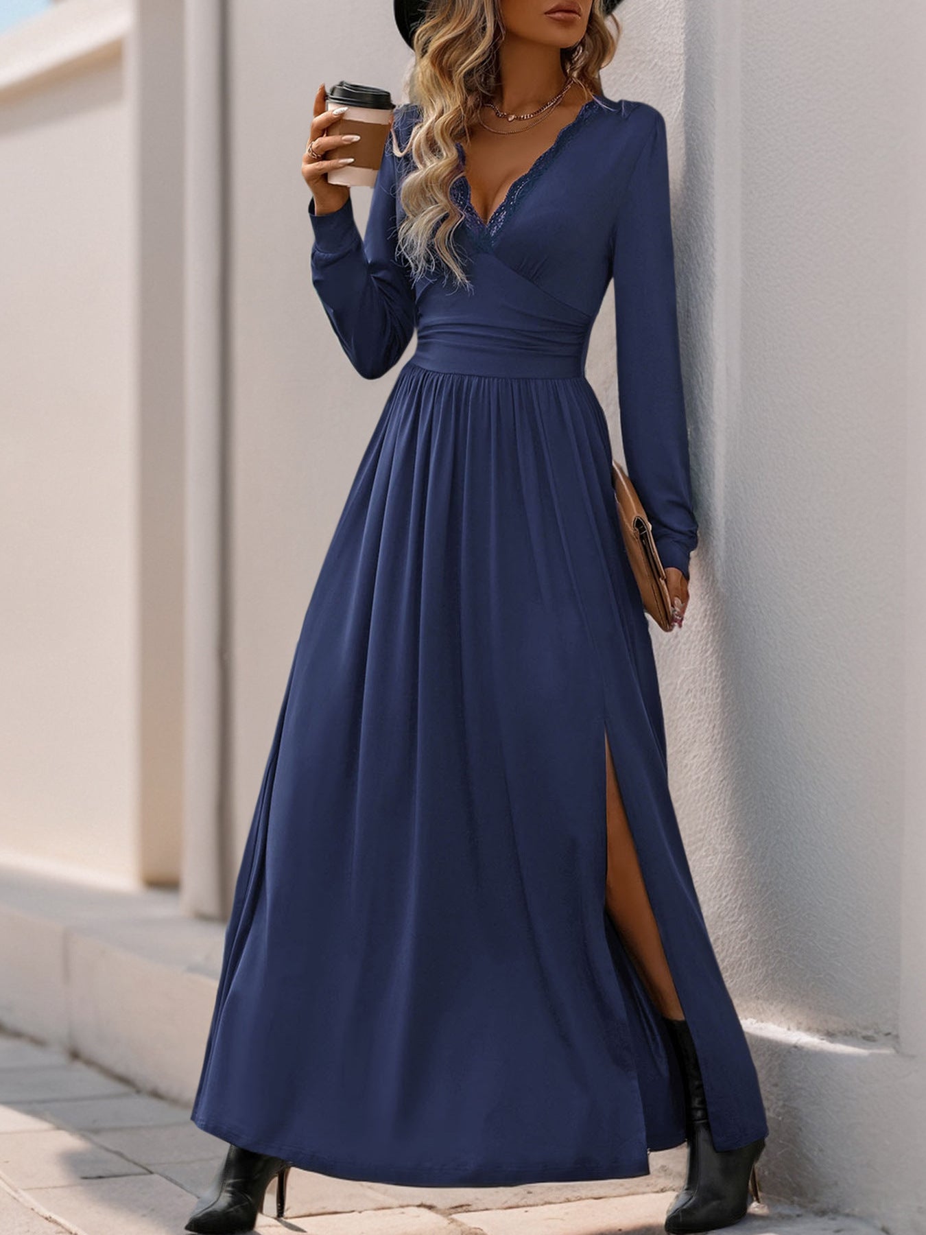 Women Deep V Neck Long Sleeve Slit 2025 Fall Elegant Formal Wedding Guest Cocktail Evening Date Prom Maxi Long Dress