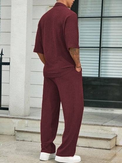 2025Spring New Commuter Suit Shirt Solid Color Short Sleeve Long Pants Men's Two-Piece Casual Set