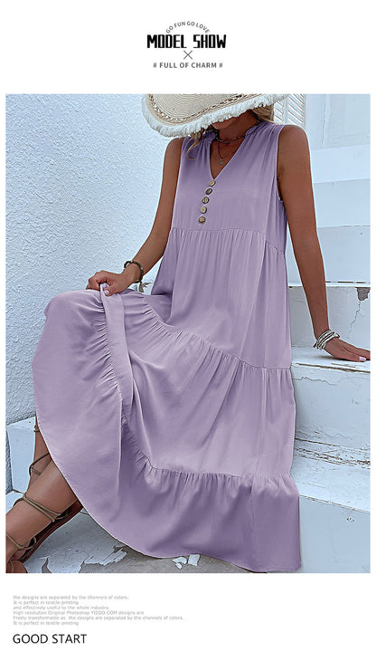 Summer Flowy Maxi Dress with Pockets Sleeveless Loose Casual Sundress V-Neck Tiered Sun Dress for Beach Cruise Vacations