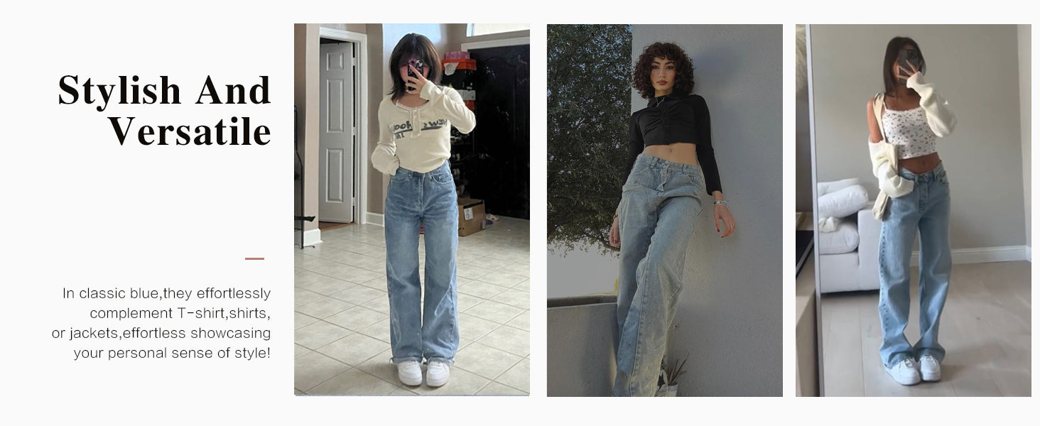 Women's 2025 Wide Leg Jeans Distress Mid Waist Denim Pants Vintage Y2K Trousers - Seldom Seen Styles