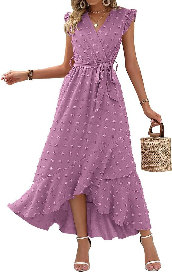 Women's V-Neck Summer Dress 2025 Cap Sleeve Swiss Dot Boho Flowy Ruffle Slit Beach