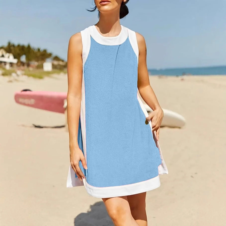 Women's Casual Two Piece Sets Color Block Crewneck Sleeveless Pullover Tops Matching Shorts With Pockets - Seldom Seen Styles