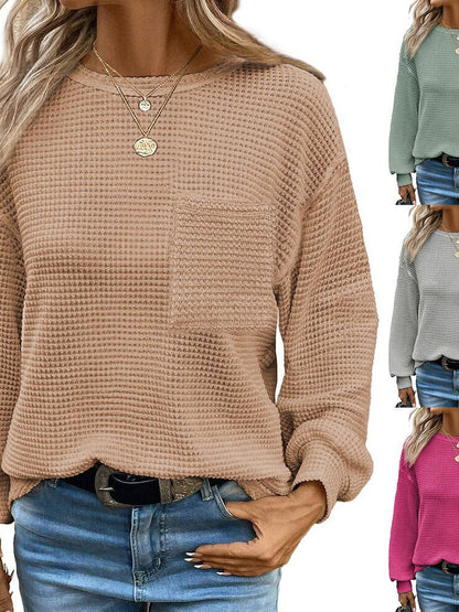 Womens Waffle Knit Tops 2025 Oversized Long Sleeve Crewneck Shirts Business Casual Blouses Basic Shirts - Seldom Seen Styles