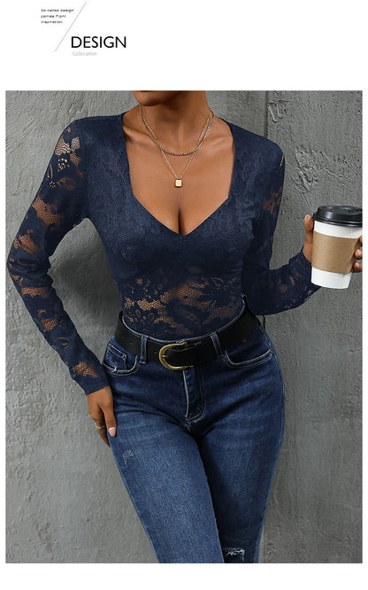 Women's Sheer Floral Lace V Neck Bodysuit Long Sleeve Slim Fit Jumpsuits
