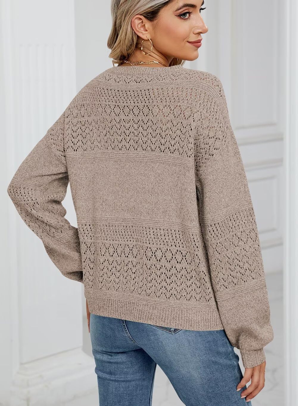 Womens Sweaters 2025 Fall V Neck Long Sleeve Hollow Knit Pullover Sweaters for Women - Seldom Seen Styles