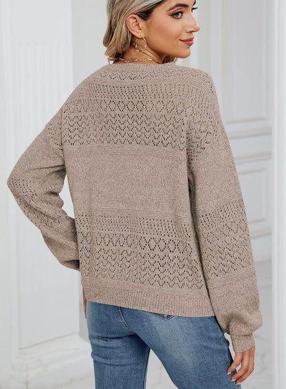 Womens Sweaters 2025 Fall V Neck Long Sleeve Hollow Knit Pullover Sweaters for Women - Seldom Seen Styles