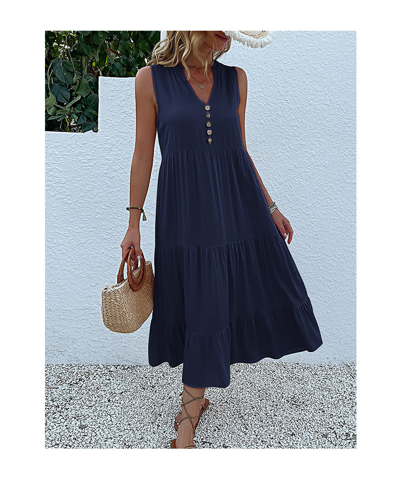 Summer Flowy Maxi Dress with Pockets Sleeveless Loose Casual Sundress V-Neck Tiered Sun Dress for Beach Cruise Vacations