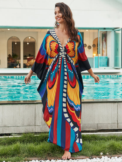 [Plus Size] Butterfly/feather Print Ruched Split Hem Tunic Dress, Valentine's Day Elegant Batwing Sleeve V Neck Long Dress for Summer, Casual Womenswear, Gift, Homecoming Dresses, Women's Clothes for Beach Holiday Vacation, Moo Moo Dresses