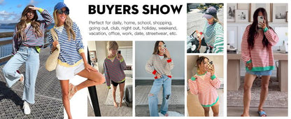 【Up To 3XL】Fisace Christmas Womenswear Striped Oversized Sweatshirt Color Block Crew Neck Long Sleeve Shirt Casual Loose Pullover Top Y2K Clothes back to school - Seldom Seen Styles