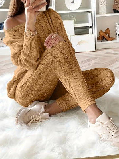 Women's Solid Sweater & Pants Set, Casual Fashion Cozy Top & Trousers for Fall, 2 Piece Sets Women, Women's Fall Knitwear Outfits, Sweater Sets, Sweater Co-ords - Seldom Seen Styles