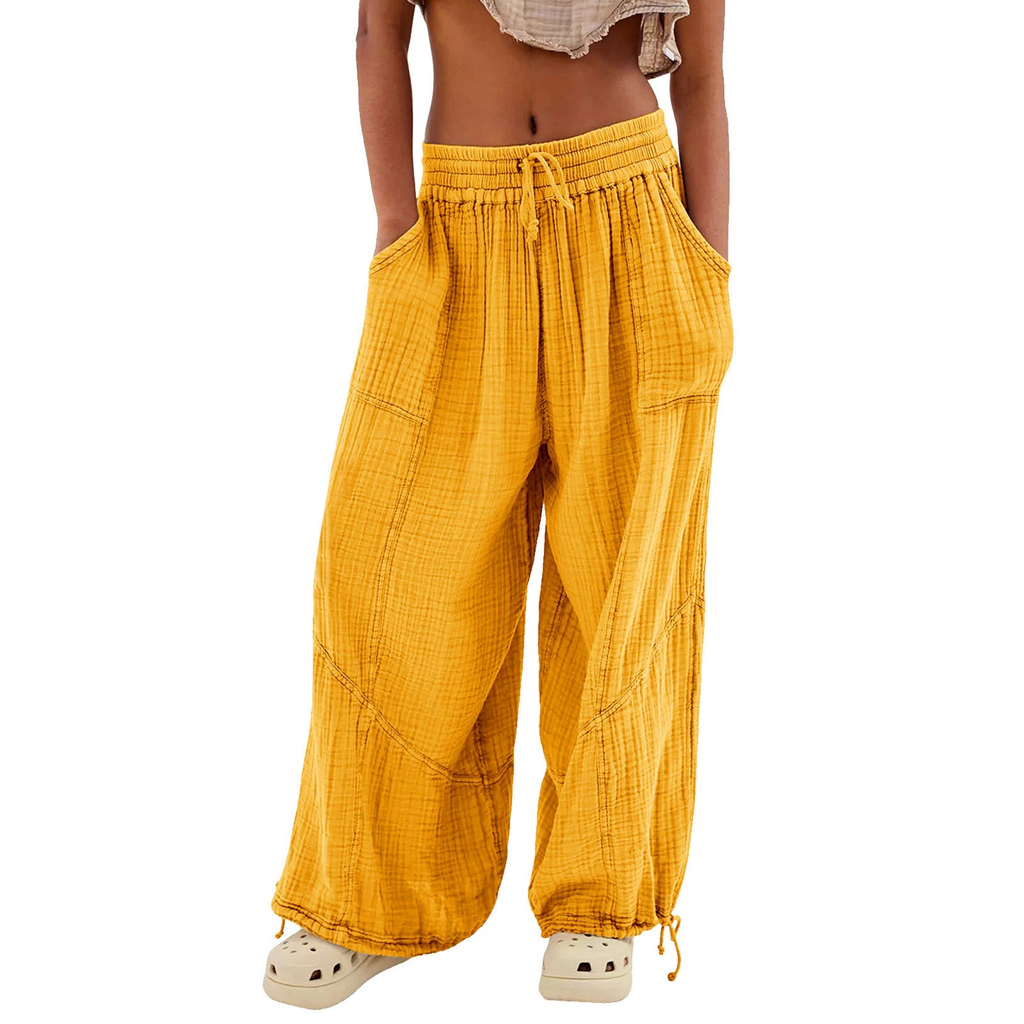 Womens Casual Loose Fit Wide Leg Cotton Pants Drawstring Stitching Baggy Pants Trousers with Pockets - Seldom Seen Styles
