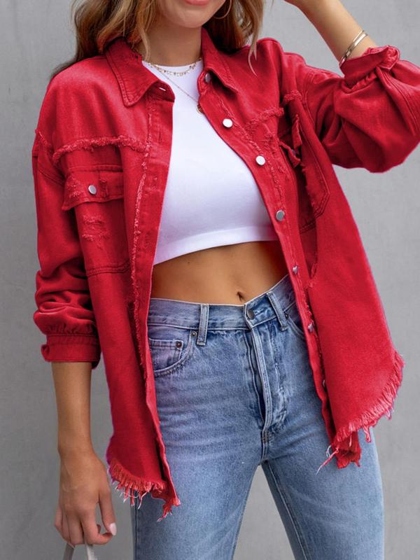 Women's Plain Ripped Raw Hem Button Front Drop Shoulder Coat, Casual Chic Pocket Long Sleeve Collared Outerwear for Daily Wear, Jackets - Seldom Seen Styles