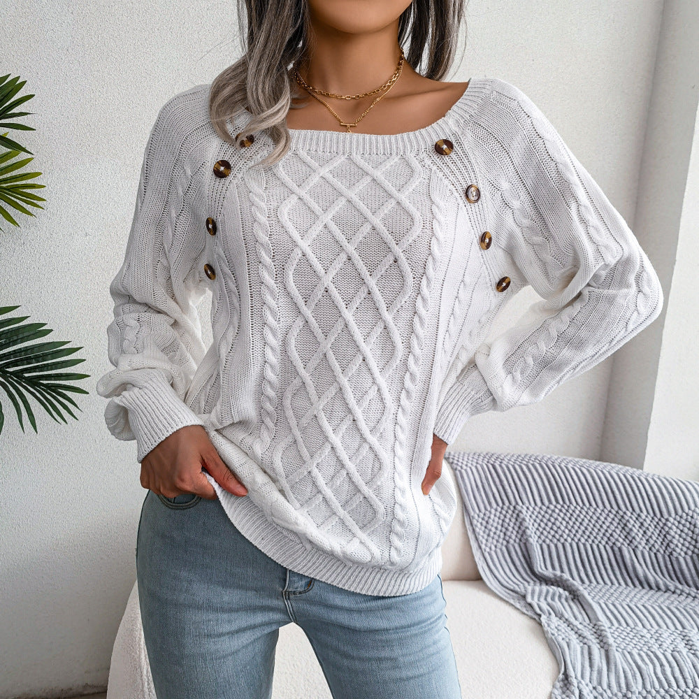 Women's Solid Textured Fake Buttons Raglan Sleeve Crewneck Sweater Tops for Spring, Casual Chic Style Round Neck Long Sleeves Knitting Jumper, Fall Clothes, Downtown Girl Knitwear Clothes - Seldom Seen Styles