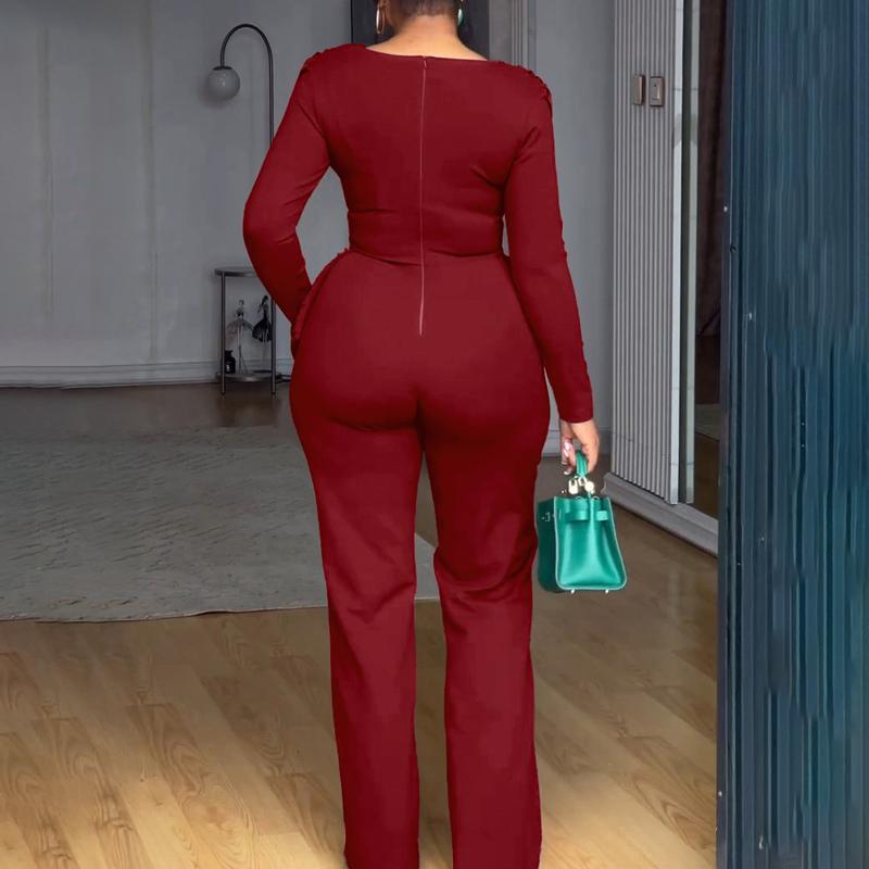 Cowl Neck Asymmetrical Patchwork Ruched Jumpsuit Casual Cinched Waist Zipper Back Straight Leg Jumpsuit - Seldom Seen Styles