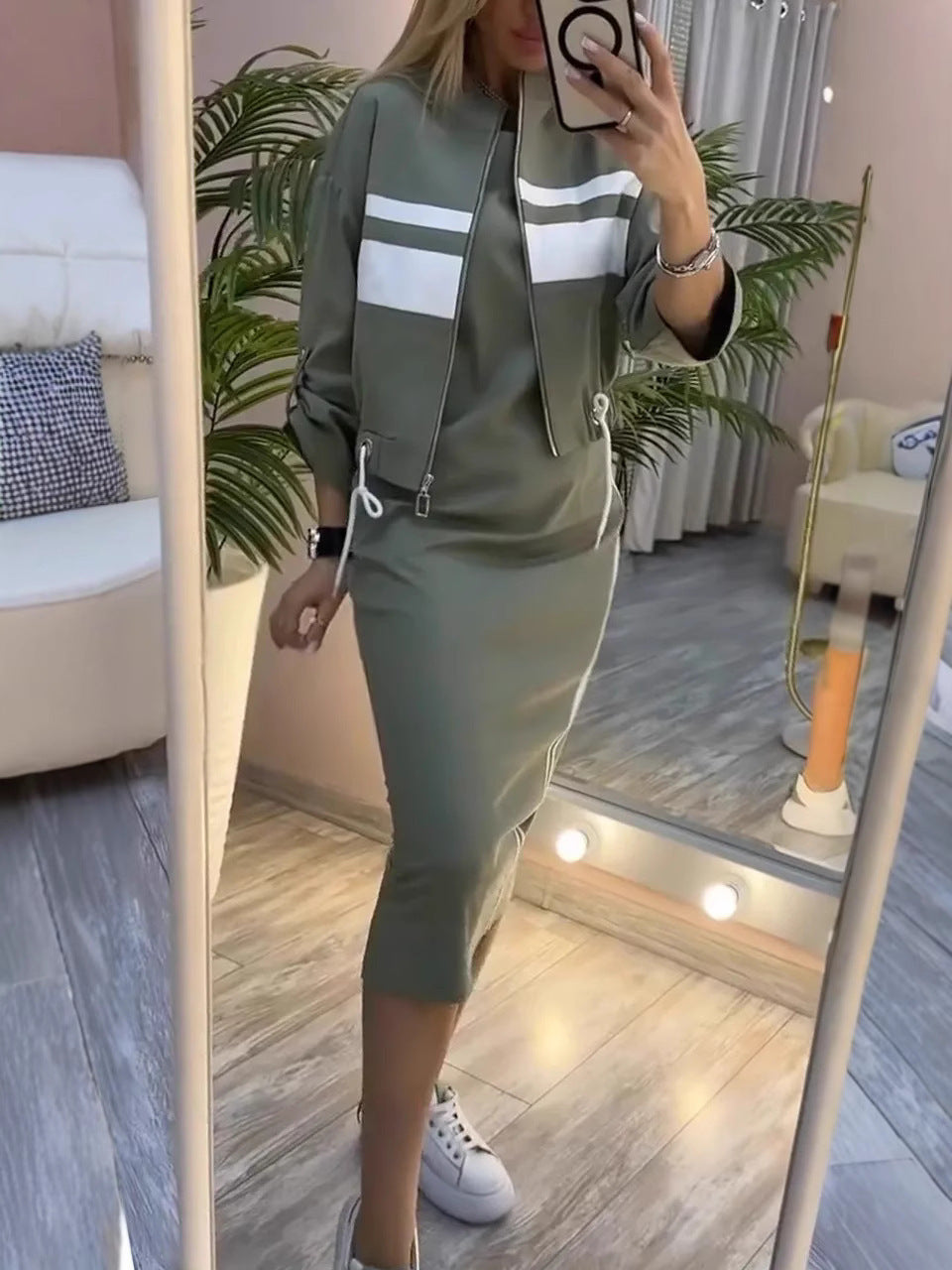 Olive Green Two Piece Skirt Set for Women – Casual Chic Midi Dress with Zip-Up Long Sleeve Jacket - Seldom Seen Styles