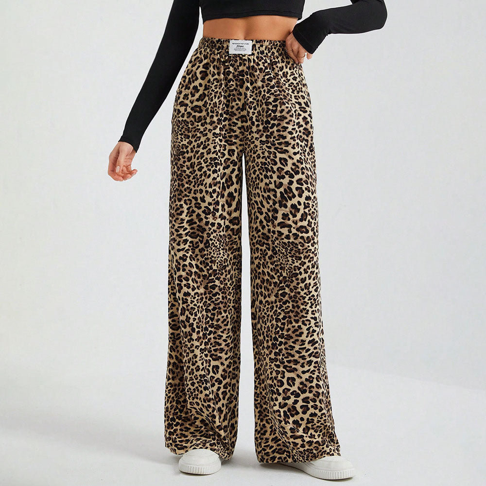 Women's Letter Leopard Print Straight Leg Pants Elastic Waist Y2K Trousers Bottoms with Pockets - Seldom Seen Styles