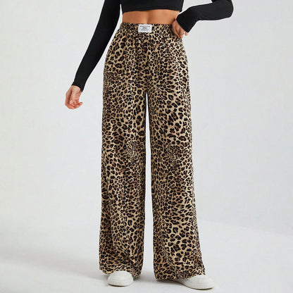 Women's Letter Leopard Print Straight Leg Pants Elastic Waist Y2K Trousers Bottoms with Pockets - Seldom Seen Styles