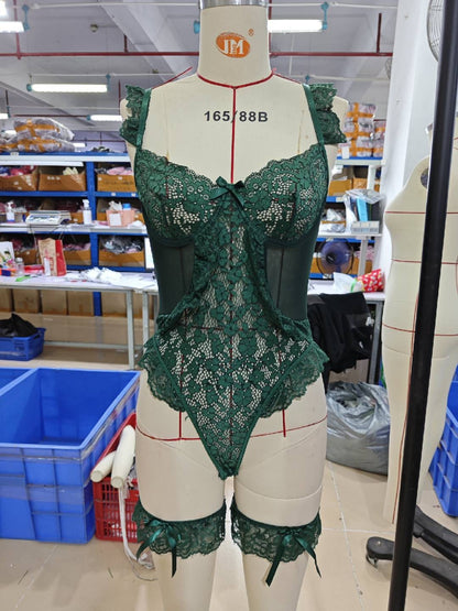 Women Sexy Lingerie Bodysuit Floral Lace Teddy Babydoll Snap Crotch Ruffle One Piece with Thigh Bands - Seldom Seen Styles