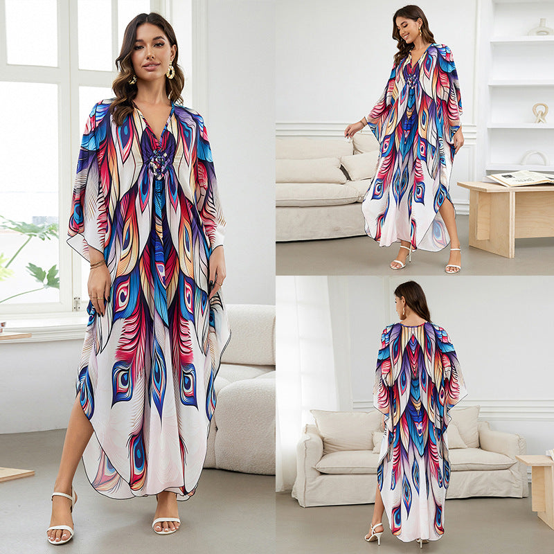 [Plus Size] Butterfly/feather Print Ruched Split Hem Tunic Dress, Valentine's Day Elegant Batwing Sleeve V Neck Long Dress for Summer, Casual Womenswear, Gift, Homecoming Dresses, Women's Clothes for Beach Holiday Vacation, Moo Moo Dresses