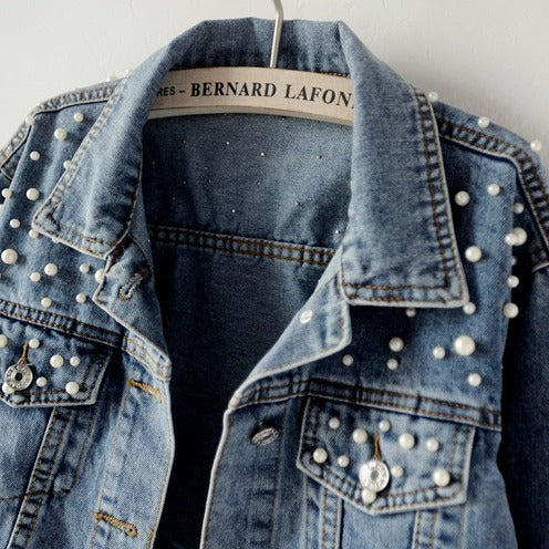 Women's Fashion Loose Embroidered Pearls Beading Cropped Denim Jacket Jean Coat - Seldom Seen Styles